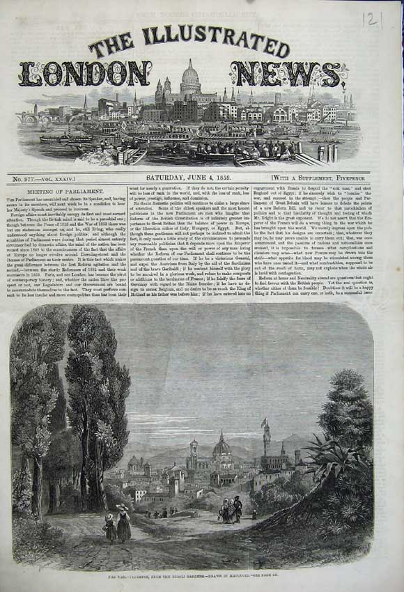 Old Antique Print 1859 War Florence Boboli Gardens Town Trees Mountains 19th