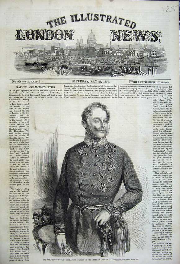 Original Old Antique Print 1859 Portrait Count Gyulai Commander Austrian Italy