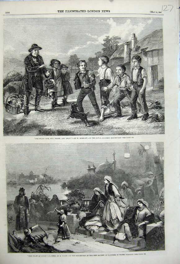Old Antique Print Feast Roses Tidey 1859 Children Playing Sport Hemsley 19th
