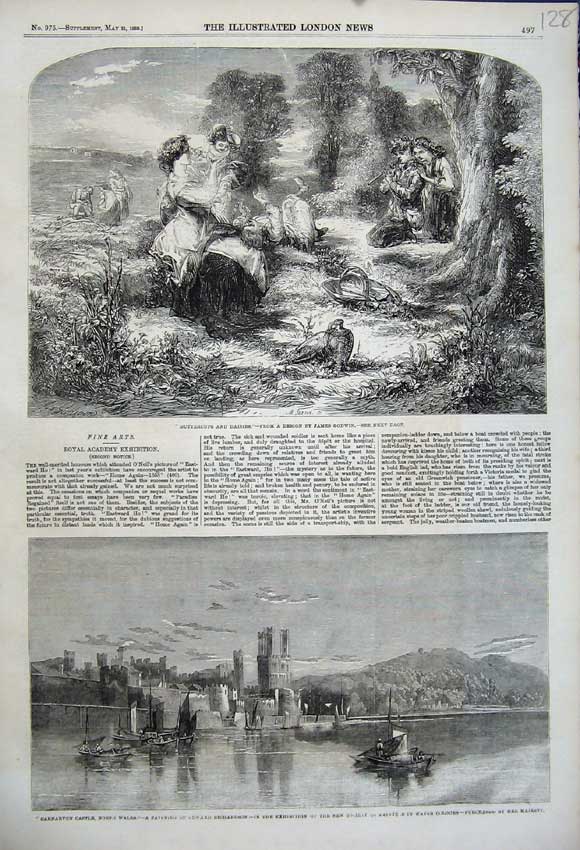 Original Old Antique Print Carnarvon Castle Wales 1859 Families Woods Godwin