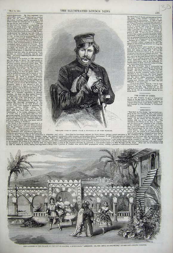 Original Old Antique Print 1859 Duke Leeds Gardens Palace Dey Algiers Theatre