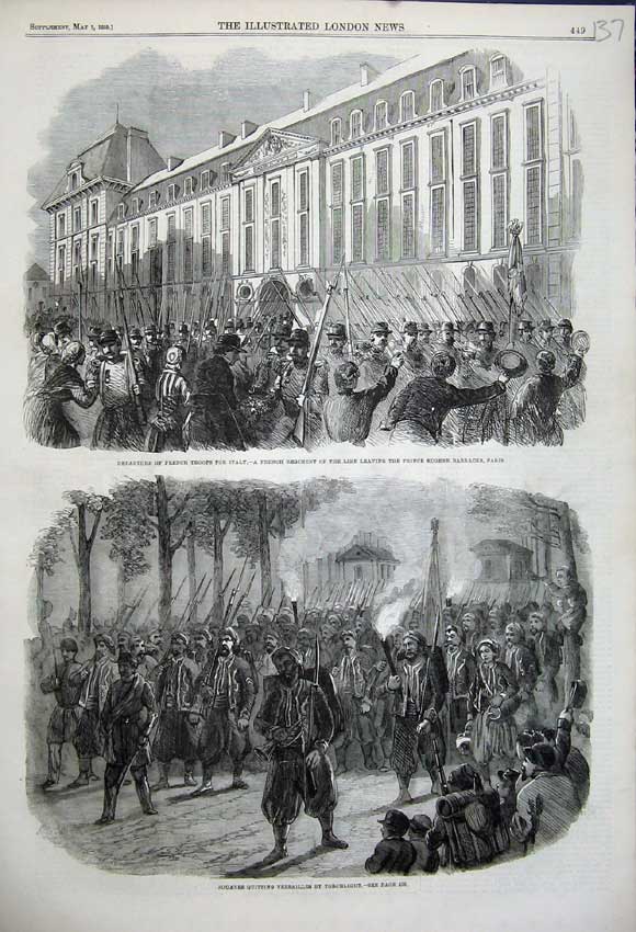 Old Antique Print 1859 French Troops Prince Eugene Barracks Zouaves Paris 19th