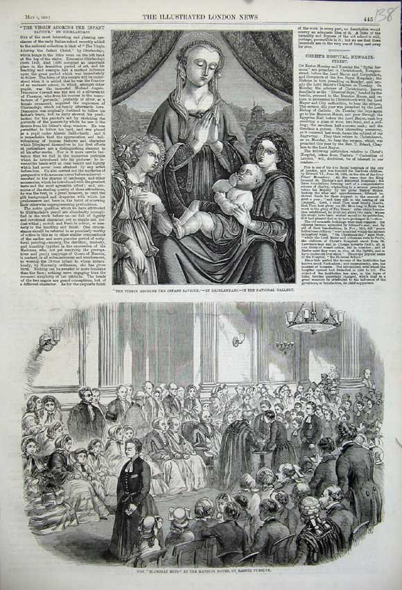 Old Antique Print 1859 Bluecoat Boys Mansion House Virgin Adoring Infant 19th