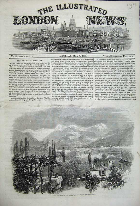 Old Antique Print Turin Home Sardinian Monarchy 1859 Mountains Town Scene 19th