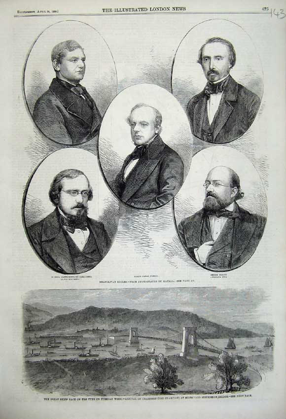 Old Antique Print 1859 Skiff Race Ship Suspension Bridge Neapolitan Exile 19th
