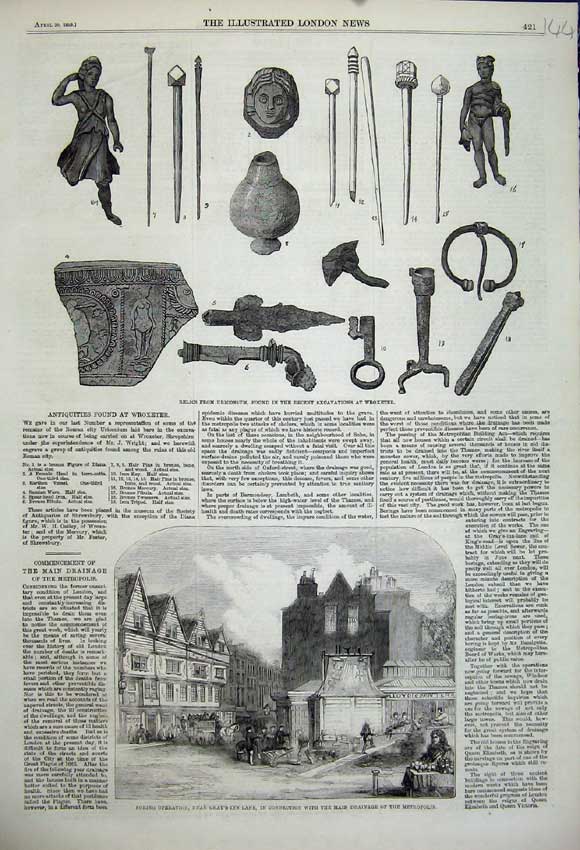 Old Antique Print 1859 Metropolis Relics Uriconium Wroxeter Antiquities 19th