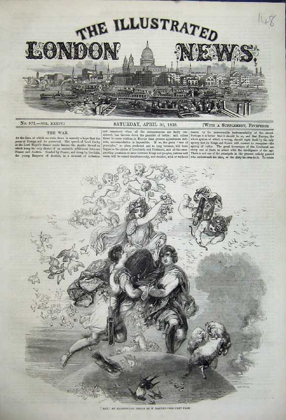 Old Antique Print 1859 Allegorical Design May Birds Angels Cherub Harvey 19th