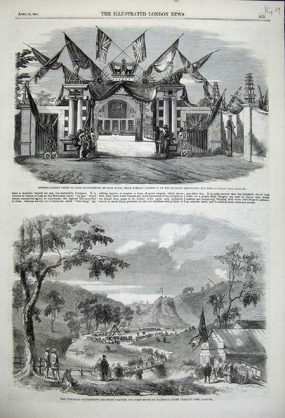 Original Old Antique Print 1859 Jackson Creek Viaduct Railway Lord Elphinstone