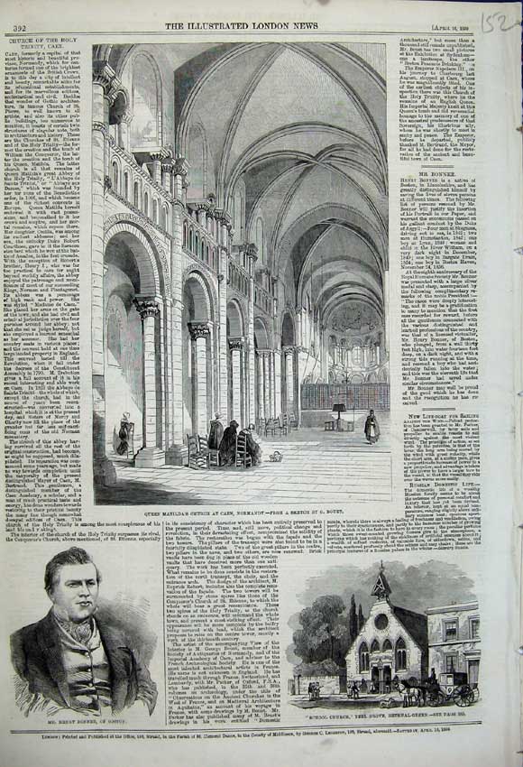 Original Old Antique Print 1859 Queen Matilda Church Caen Henry Bonner Church