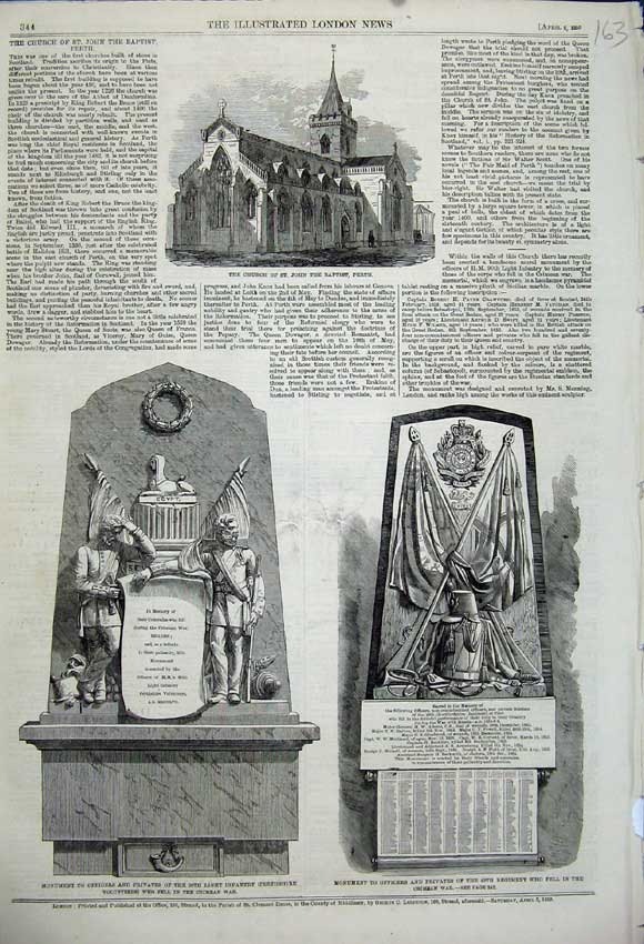 Original Old Antique Print 1859 Church John Baptist Perth Monument Crimean War