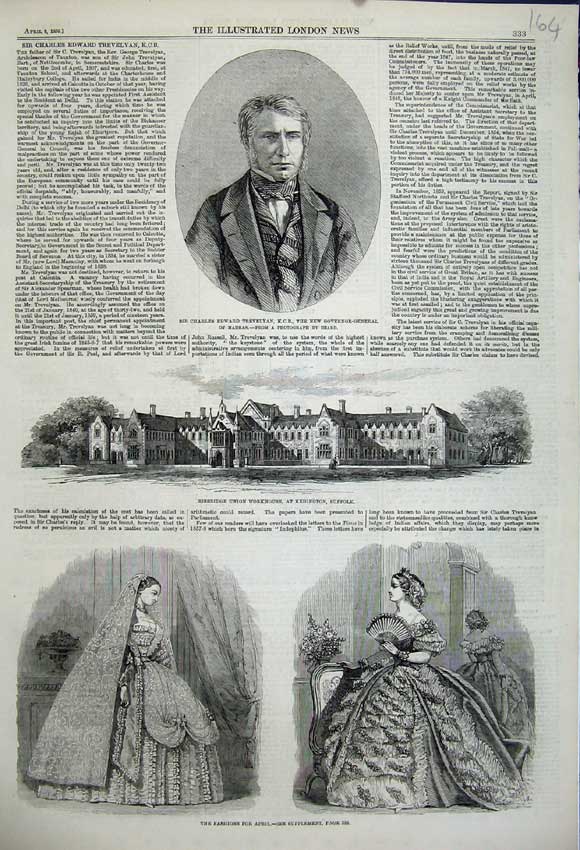 Original Old Antique Print 1859 Charles Trevelyan Workhouse Kedington Fashion