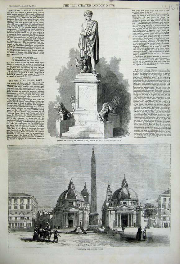 Old Antique Print 1859 Statue Dante Puzzi Florence Piazza Del Popolo Rome 19th