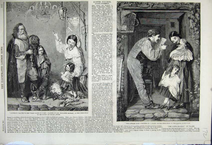 Old Antique Print Pifferari Playing Virgin Rome 1859 Cottage Door Family 19th