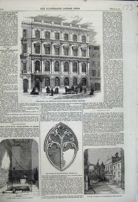Old Antique Print 1859 Mutual Life Offices Cheapside Window Church Anne 19th
