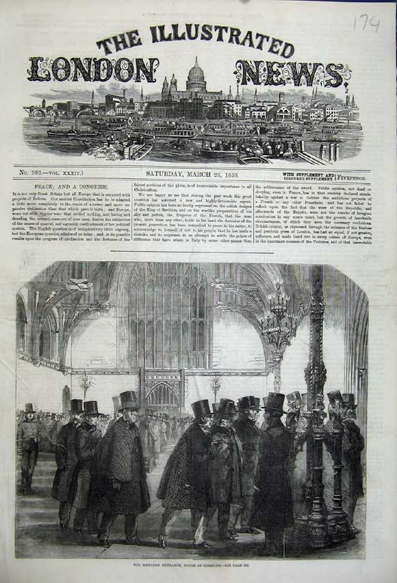 Original Old Antique Print 1859 Members Entrance House Commons Parliament Men