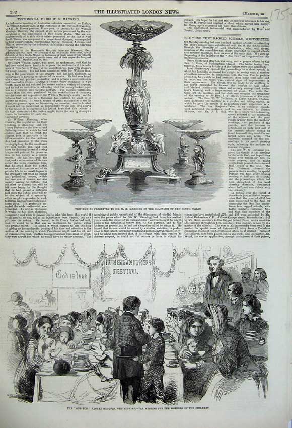 Old Antique Print 1859 Testimonial Manning Ragged School Westminster Tea 19th