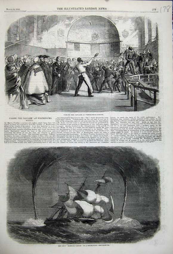 Original Old Antique Print 1859 Ship Bleroie Castle Westminster School Pancake