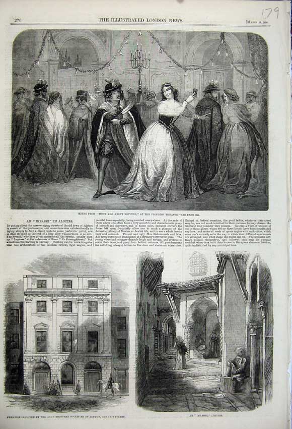 Old Antique Print 1859 Much Ado Nothing Princess Theatre Algiers London 19th