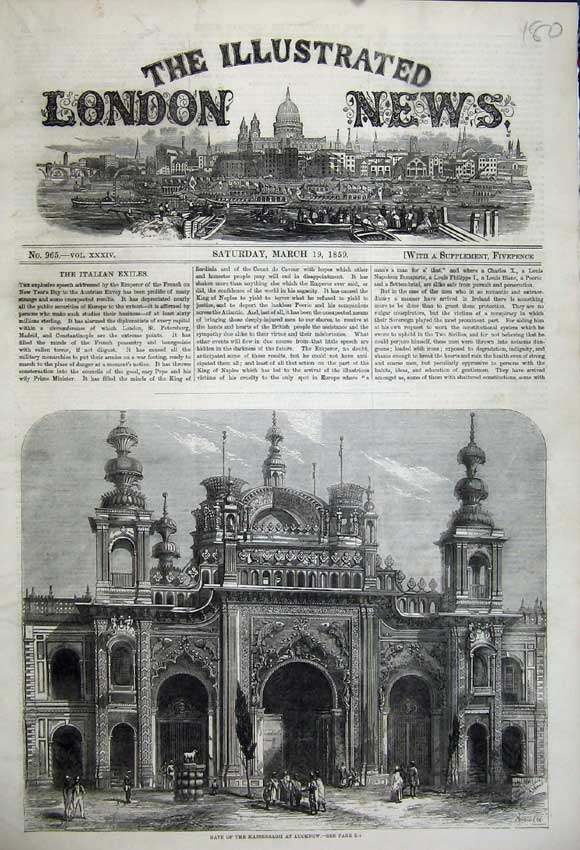 Original Old Antique Print 1859 Gate Kaiserbagh Lucknow Palace People Victorian