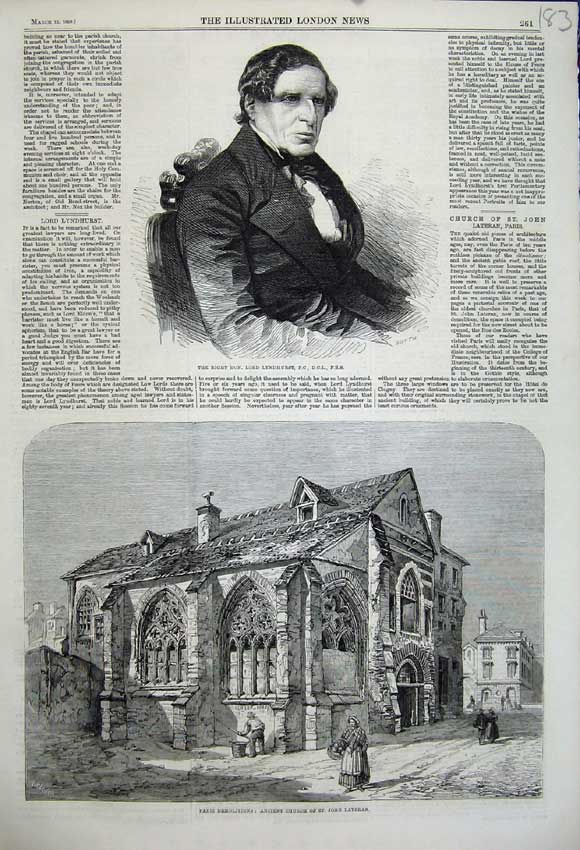 Original Old Antique Print 1859 Lord Lyndhurst Church John Lateran Paris Ruins
