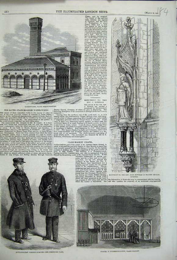 Old Antique Print 1859 Waterworks Chapel Monument Howells Trinity Church 19th