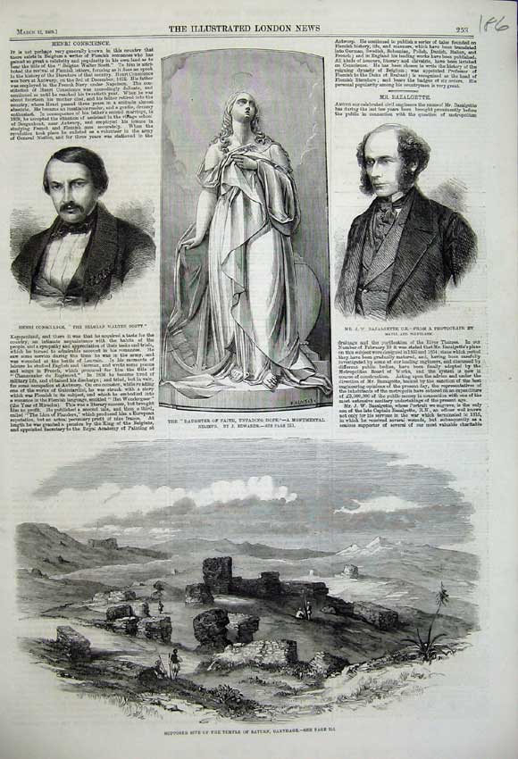 Original Old Antique Print 1859 Temple Saturn Carthage Statue Henry Bazalgette