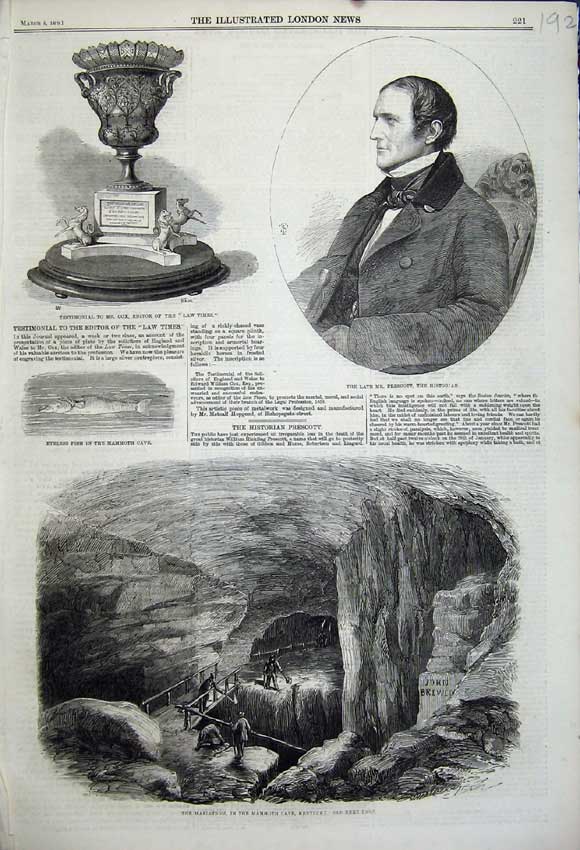 Original Old Antique Print 1859 Mammoth Cave Kentucky Prescott Fish Testimonial