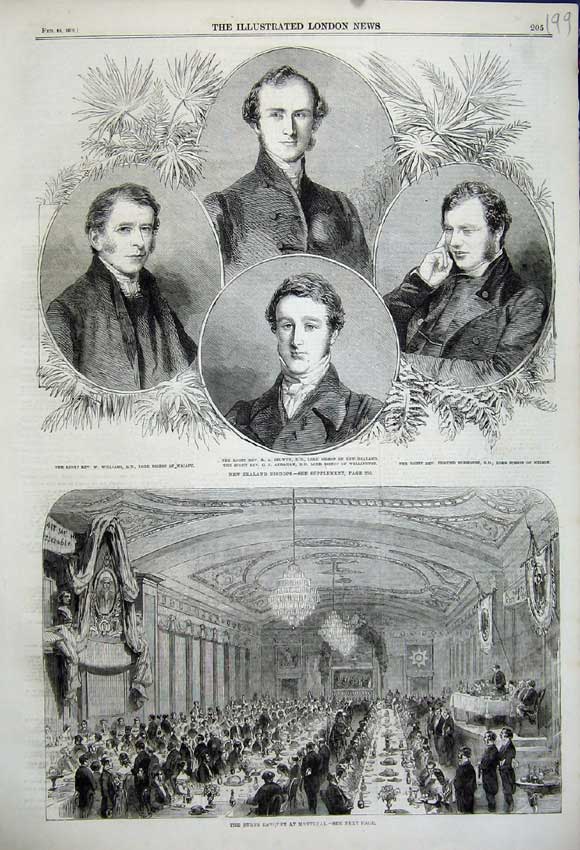 Old Antique Print 1859 Burns Banquet Montreal Nea Zealand Bishops Abraham 19th