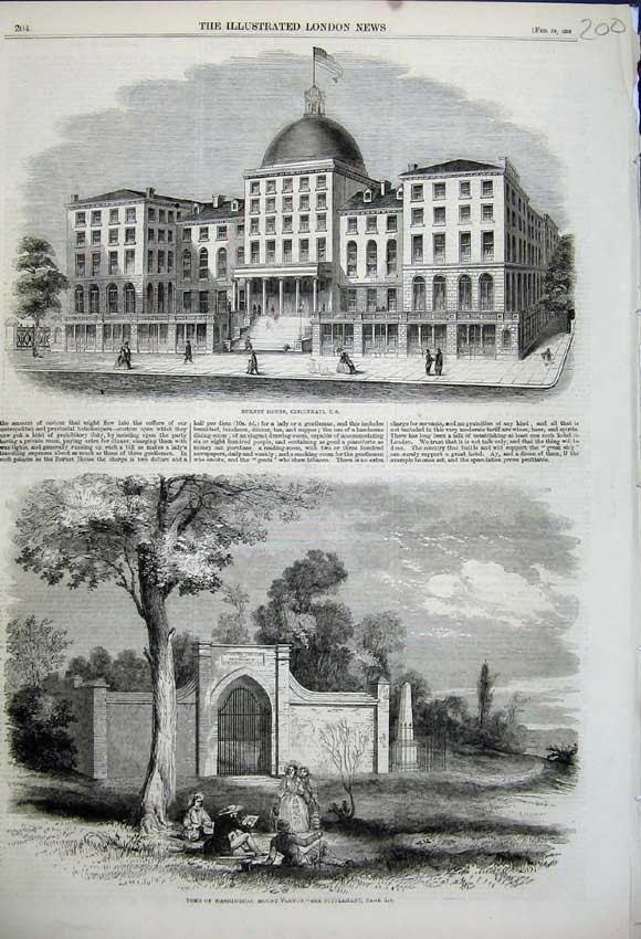 Original Old Antique Print 1859 Burnet House Cincinnati Tomb Washington Vernon