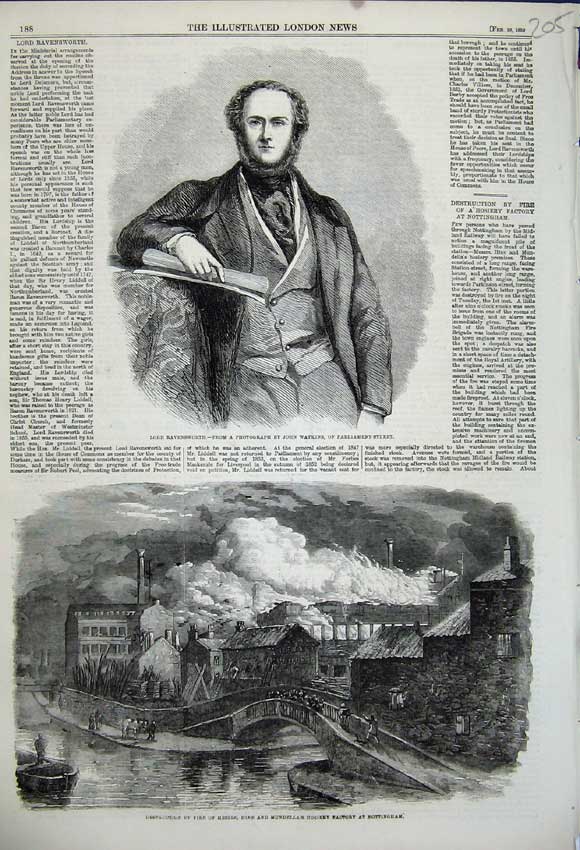 Old Antique Print 1859 Lord Ravensworth Fire Mundella Factory Nottingham 19th