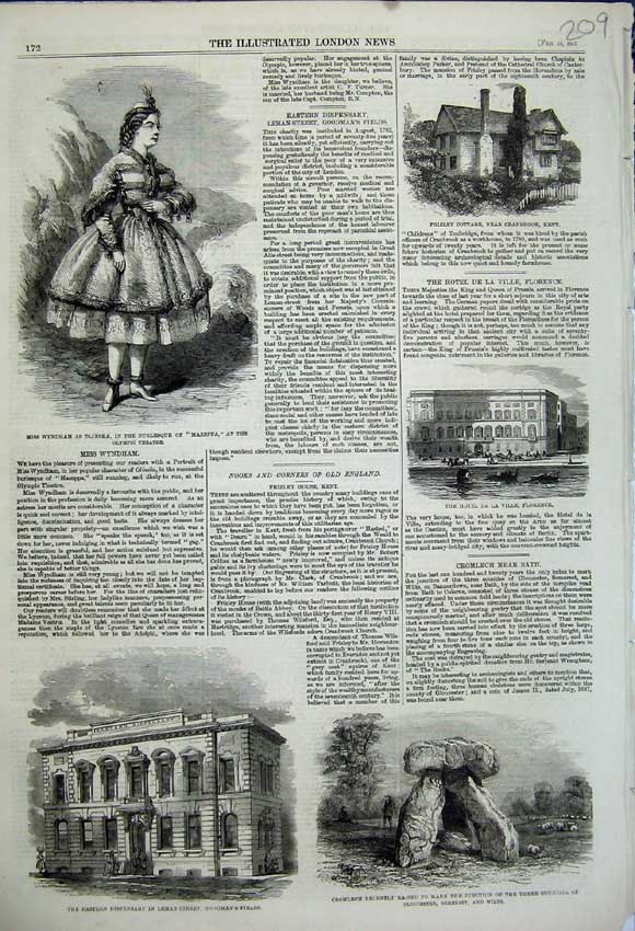 Original Old Antique Print 1859 Wyndham Olympic Theatre Frizley Hotel Cromlech