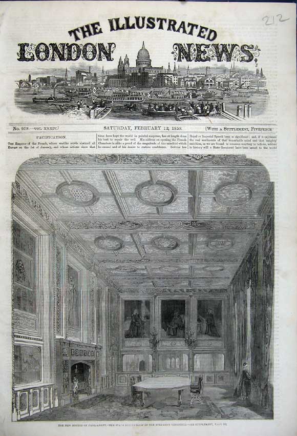 Old Antique Print 1859 Houses Parliament Dining Room Speakers Residence 19th