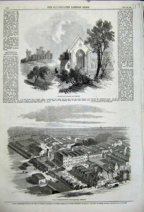 Old Antique Print Protestant Church Cannes 1859 Spill'S Manufactory Water 19th