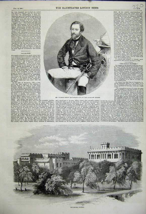 Original Old Antique Print 1859 Thomas Kavanagh Lucknow Heroes Jacobabad Scinde
