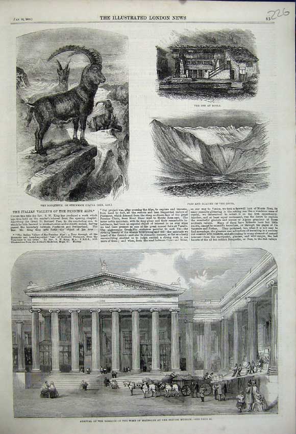 Old Antique Print 1859 Remains Tomb Mausolus Museum Glacier Gries Borca 19th