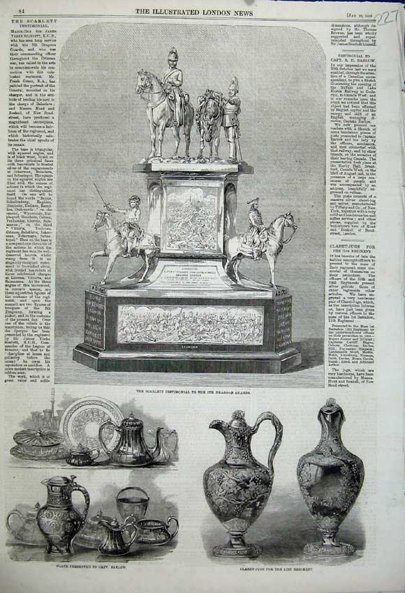 Old Antique Print 1859 Testimonial Dragoon Guard Claret Jugs Plate Barlow 19th