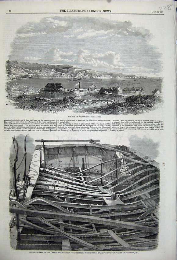 Original Old Antique Print Bay Valparaiso 1859 Sarah Sands Stemer Ship Remains
