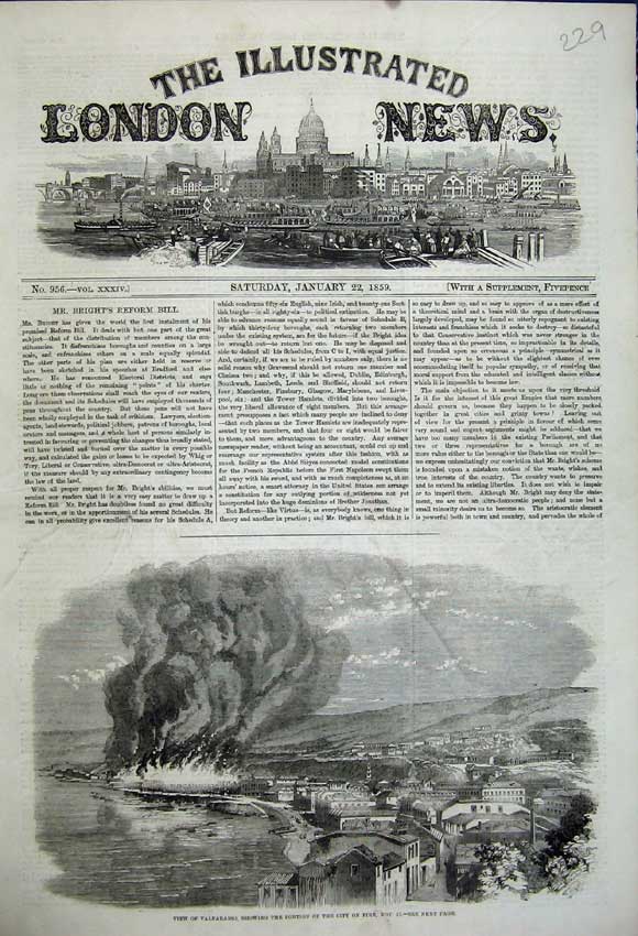 Old Antique Print 1859 View Valparaiso City Fire Buildings Town Burning 19th