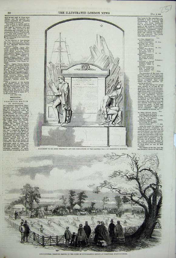 Old Antique Print 1859 Monument John Franklin Agricultural Duke Trentham 19th