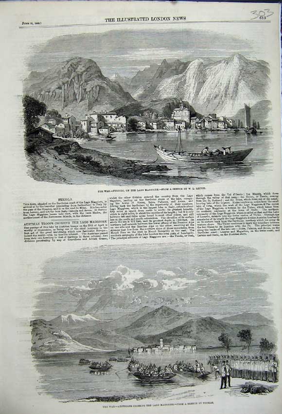 Original Old Antique Print 1859 War Feriolo Lago Maggiore Austraian Siers Hills
