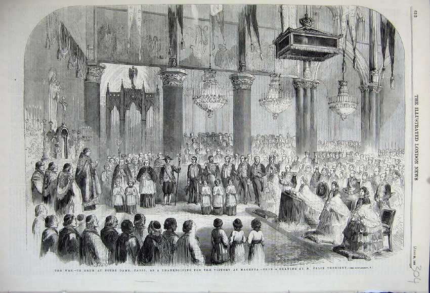 Old Antique Print 1859 War Notre Dam Paris Church Service Victory Magenta 19th