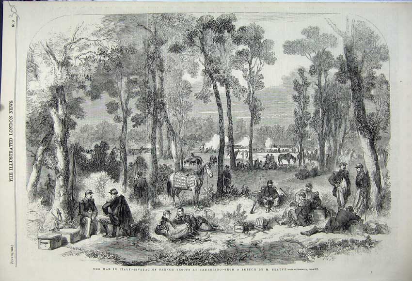 Original Old Antique Print 1859 War Italy Bivouac French Troops Cameriano Horse