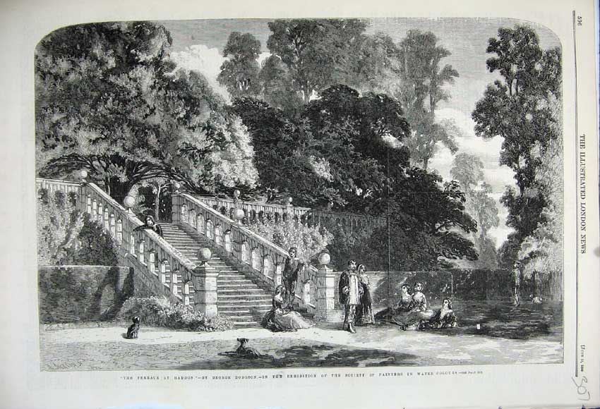 Old Antique Print 1859 Terrace Haddon Steps Trees Garden George Dodgson 19th