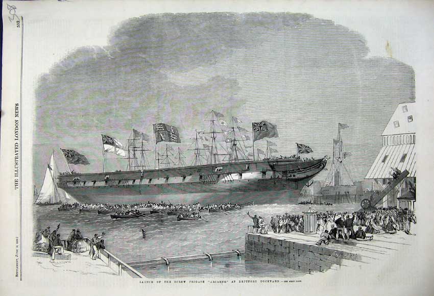 Original Old Antique Print 1859 Launch Screw Frigate Ship Ariadne Deptford Dock