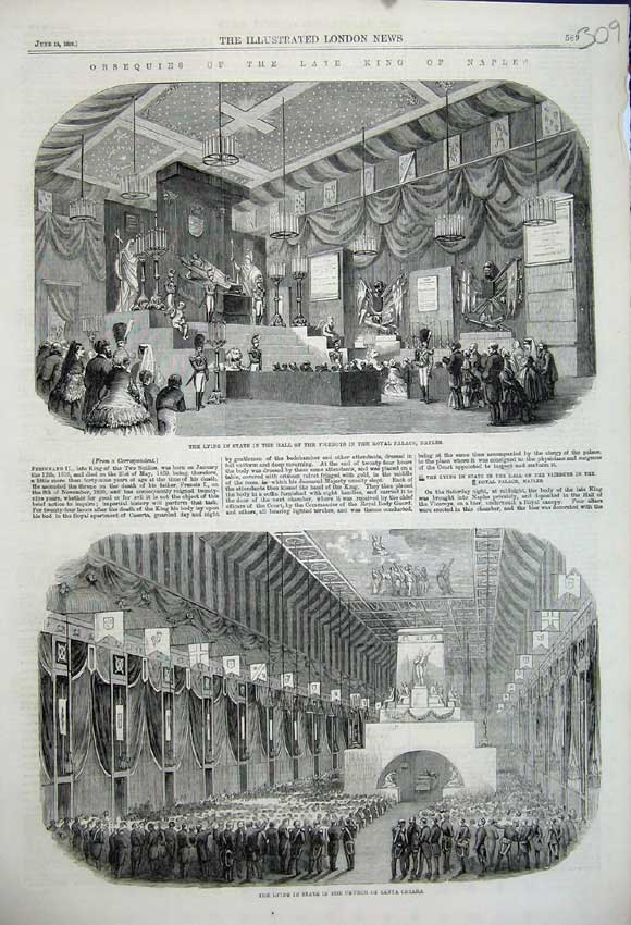Old Antique Print 1859 King Naples Viceroys Palace Naples Coffin Church 19th