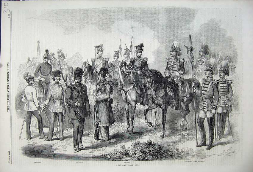 Original Old Antique Print Austrian Siers 1859 Dragoons Life Guards Horse Men