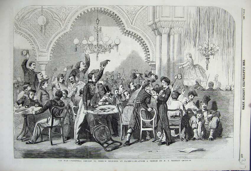 Original Old Antique Print 1859 War Farewell Concert French Siers Marseilles