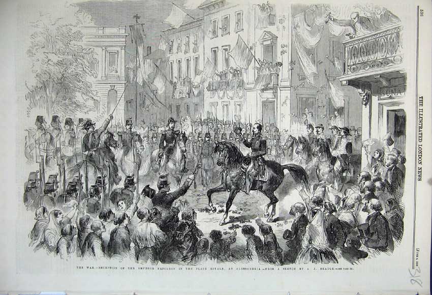 Original Old Antique Print 1859 War Emperor Napoleon Place Royale Alessandria