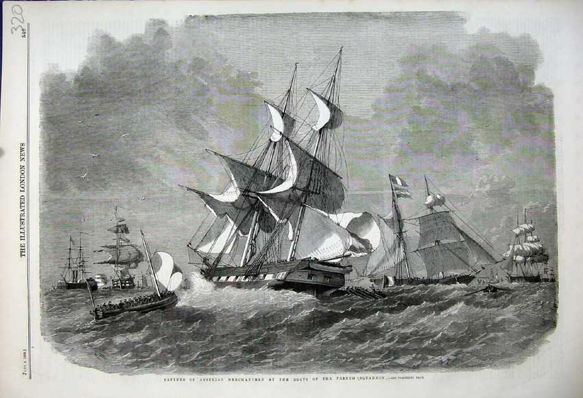 Old Antique Print Capture Austrian Merchantmen 1859 Boats French Squadron 19th