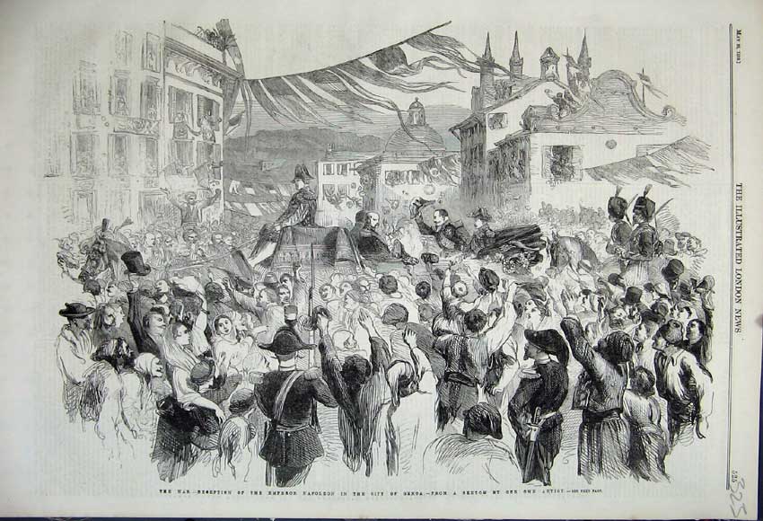Original Old Antique Print 1859 War Reception Emperor Napoleon City Genoa Spain